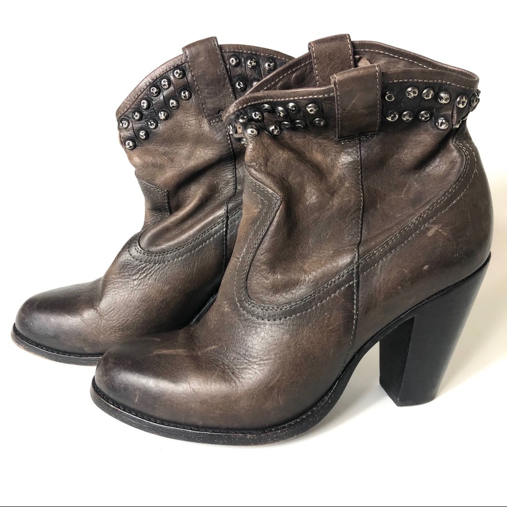 Frye Size 9 Brown Leather Studded Boots Block Heel